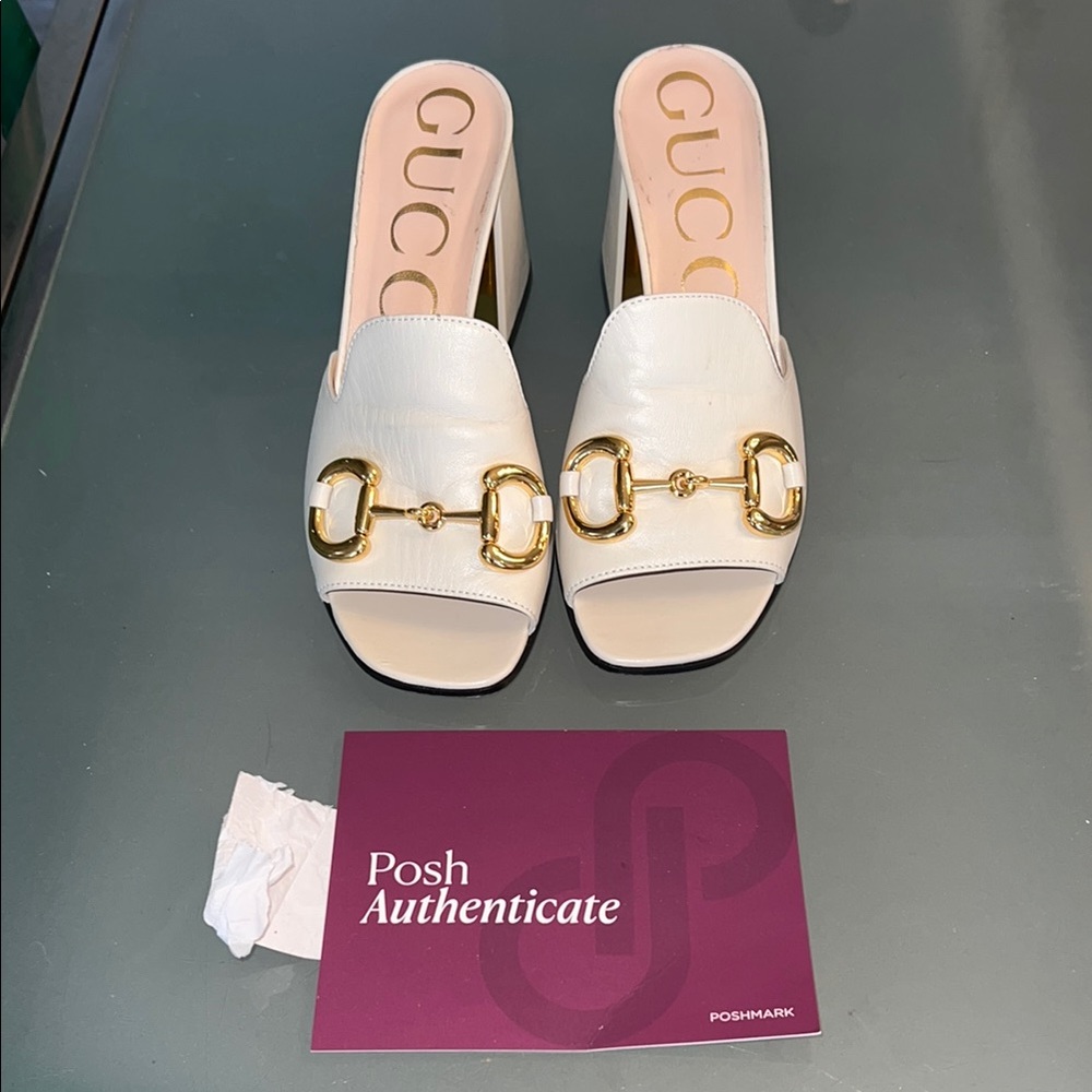 Gucci White and Gold Mules with Horsebit Detail